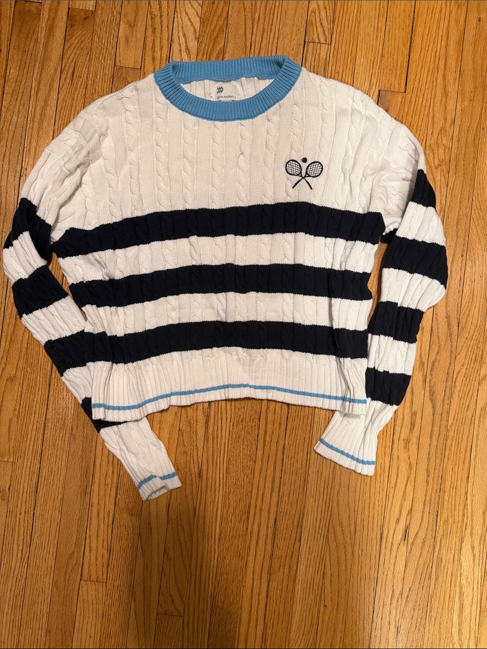 all in motion White Cable-Knit Crew Sweater with Navy Stripes & Light Blue Trim